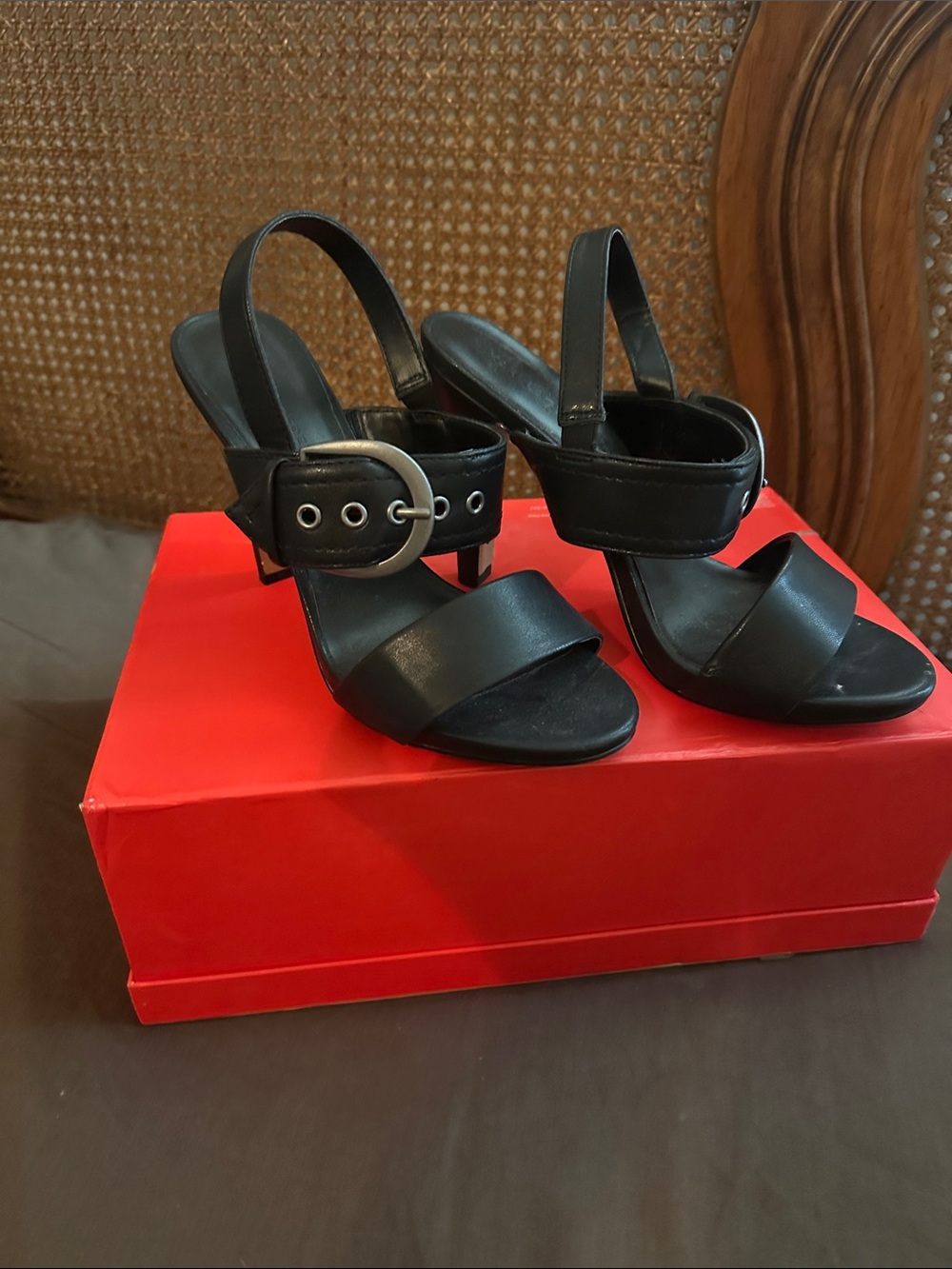Karl Lagerfeld Black Slingback Heeled Sandals with Silver Buckle